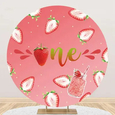 Gradient Pink Strawberry Round 1st Birthday Backdrop - Aperturee
