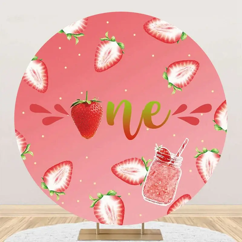 Gradient Pink Strawberry Round 1st Birthday Backdrop - Aperturee