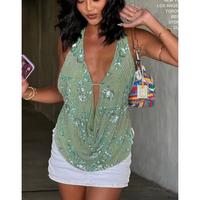 Women's Halter Neck Vest Summer Sleeveless Open Back Fashionable Sequins Flower Tank Tops