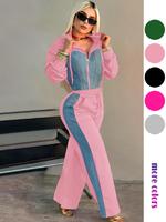 Women's Patchwork Drop Shoulder Zip Up Crop Jacket & Drawstring Waist Pants Two-piece Set, Casual Fashion Cozy Breathable Two...