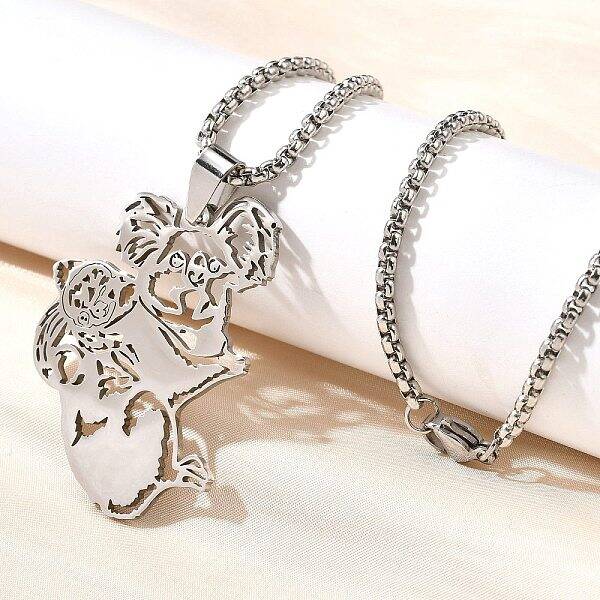 304 Stainless Steel Laser Cut Mother and Baby Koala Pendant Box Chain Necklaces for Women Men