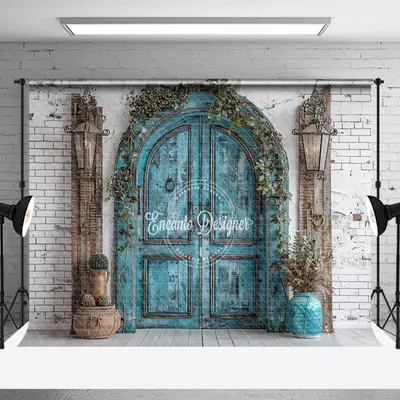 Wooden Teal Arch Door Brick Wall Wedding Backdrop