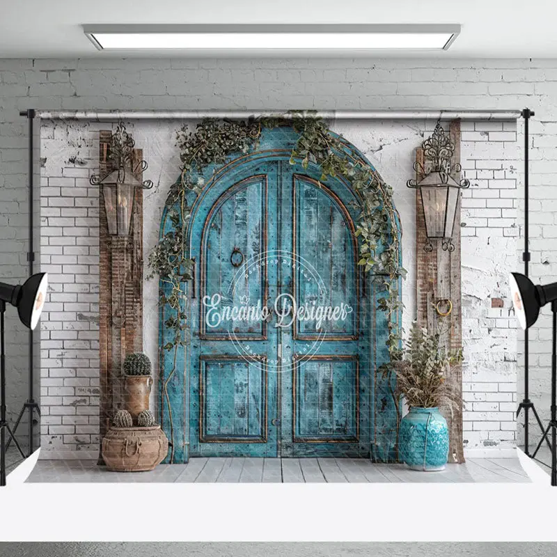 Wooden Teal Arch Door Brick Wall Wedding Backdrop