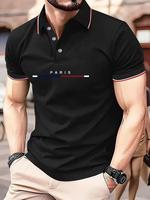 Men's Regular Fit Paris Print Contrast Trim Polo Shirt, Casual Short Sleeve Half Button Top for Summer, Fashion Men's Clothes...