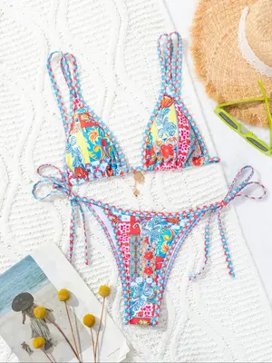 Women's Patchwork Floral Print Colorblock Bikini Set, Boho Tie Back Triangle Swim Bra & Tie Side Swim Thong, Summer Back To S...