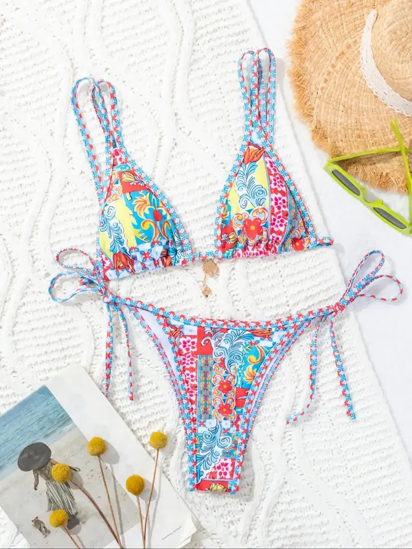 Women's Patchwork Floral Print Colorblock Bikini Set, Boho Tie Back Triangle Swim Bra & Tie Side Swim Thong, Summer Back To S...