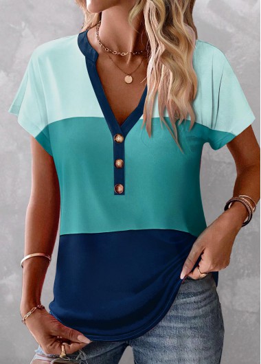 Modlily Blue Button Short Sleeve V Neck Blouse - M