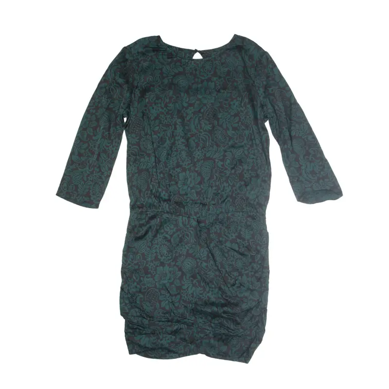 BA&ASH Ruched Pencil Dress Green Floral Satin 3/4 Sleeve Short Womens UK 12