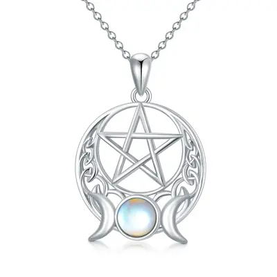Sterling Silver Round Moonstone Pentagram & Triple Moon Goddess Pendant Necklace