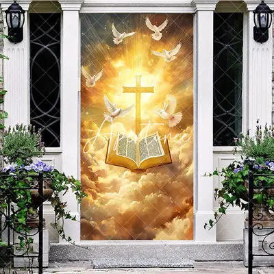 Aperturee Holy Gold Light Cross Dove Bible Easter Door Cover, 30x80 Inch, 28.48 USD, easter door covers, ANML095A-A