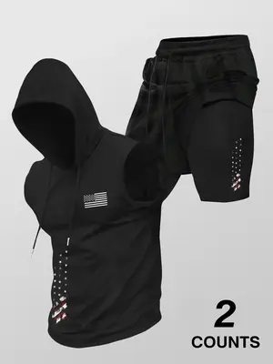 Men's Flag Print Hooded Tank Top & 2 in 1 Shorts Set, Regular Fit Two-piece Set, Casual Summer Clothes for Outdoor