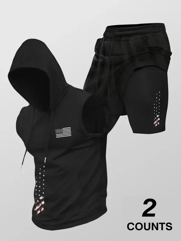 Men's Flag Print Hooded Tank Top & 2 in 1 Shorts Set, Regular Fit Two-piece Set, Casual Summer Clothes for Outdoor