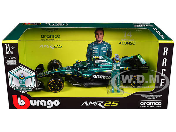 Aston Martin AMR25 #14 Fernando Alonso Aramco Formula One F1 World Championship (2025) with Driver Figure 1/24 Diecast Mo...