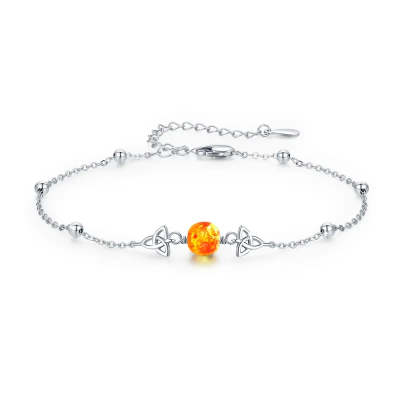 Sterling Silver Circular Shaped Amber Celtic Knot Charm Bracelet