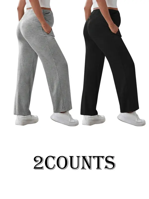 Women's Solid Ruched High Waist Maternity Pants, Lady Casual Comfy Pocket Trousers for Daily Wear, Maternity Bottoms for Summ...
