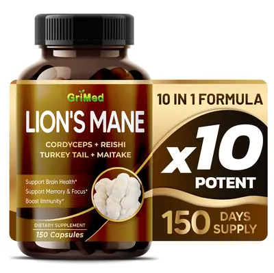 Lion's Mane Mushroom Supplement with Beta-(1,3)(1,6)-glucans, Cordyceps, Reishi Mushroom- Organic Brain Wellness Supplement f...