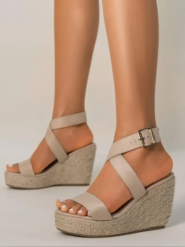 Women's Fashionable Solid Color Wedge Sandals, Elegant Platform High Heel Sandals with Ankle Strap, Comfortable and Stylish ...