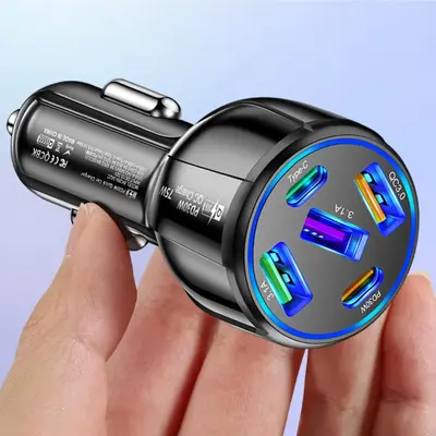 5 In 1 Car Charger, 5-Port USB Car Charger, 75W Type-C Wireless Car Charger Fast Charge, Durable Multipurpose Car Accessorie...