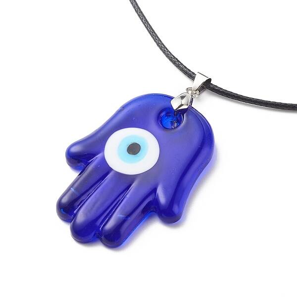 Blue Lampwork Evil Eye Pendant Necklace with Waxed Cord for Women