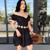 Ruffle Western Dress - Casual Women's Dress with Ruffle Detail, Adjustable Waist Straps, and Flared Skirt - Womenswear