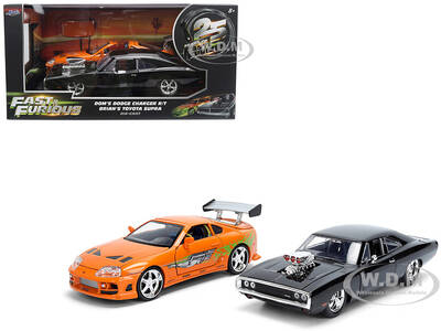 Dom's 1970 Dodge Charger R/T Black and Brian's Toyota Supra Orange with Graphics Set of 2 Cars Fast & Furious 25th Anniversa...