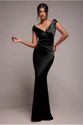 Goddiva Satin Off The Shoulder Maxi Dress - Black