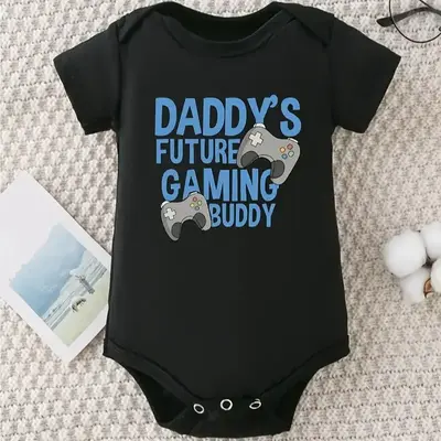 Daddy's Future Gaming Buddy Baby Onesie - Soft Cotton Casual Round Neck with Game Controller Graphic Print, Black with Blue L...