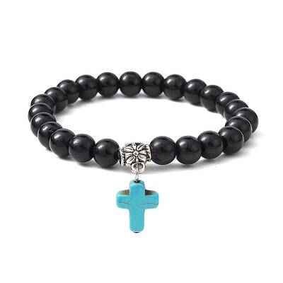 Synthetic Black Stone Round Beaded Stretch Bracelet