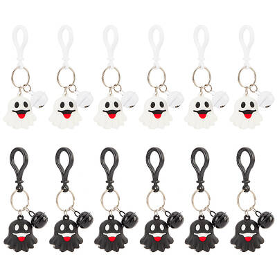 12Pcs 2 Colors Halloween Theme Cute Cartoon PVC Ghost Pendant Keychain with Bell Charm
