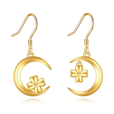 14K Gold Cubic Zirconia Four Leaf Clover & Moon Drop Earrings