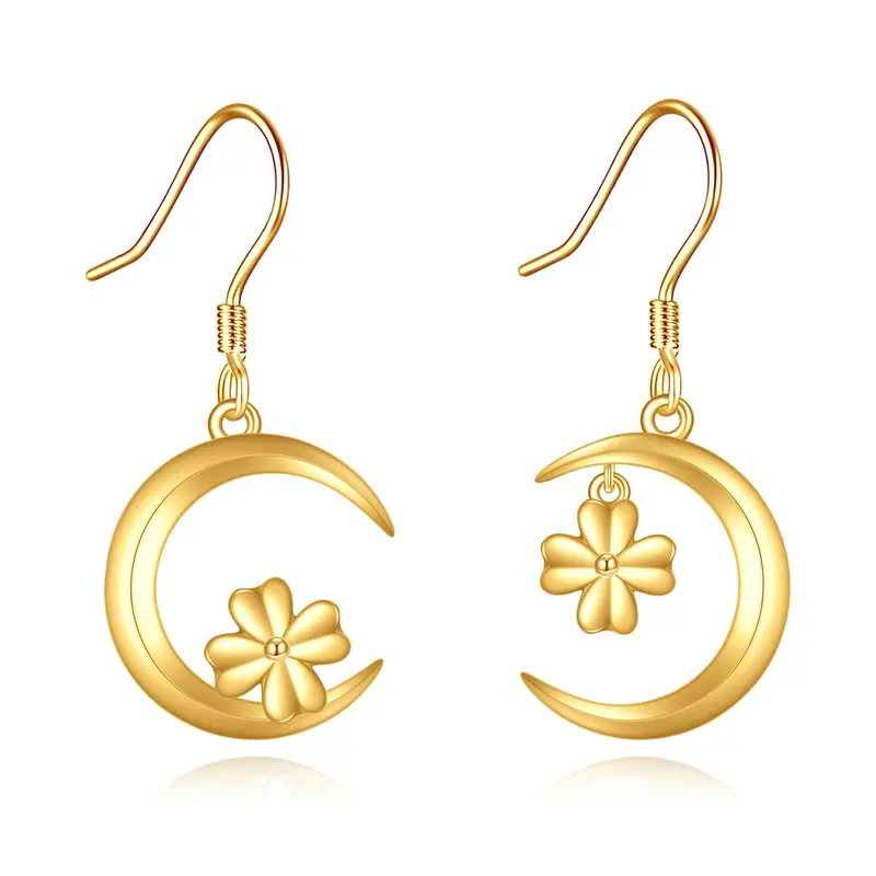 14K Gold Cubic Zirconia Four Leaf Clover & Moon Drop Earrings