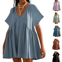 Tanming Womens Summer Mini Dress Casual Short Sleeve Loose V Neck Swing Sundress with Pocket