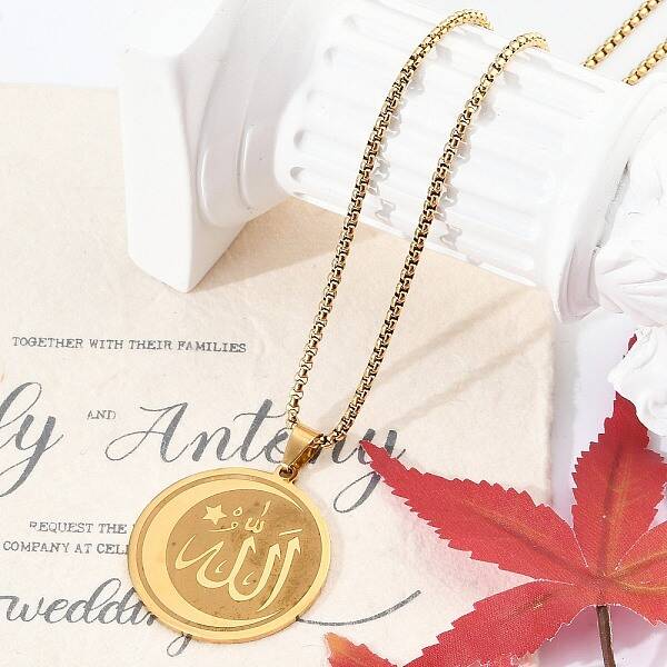 304 Stainless Steel Flat Round with Arabic Pendant Box Chain Necklaces for Women Men