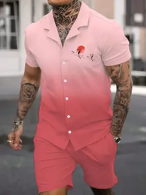 2 Pieces Men's Ombre Print Pocket Shorts Set, Streetwear Regular Fit Button Front Shirt & Drawstring Shorts, Men's 2 Piece ...