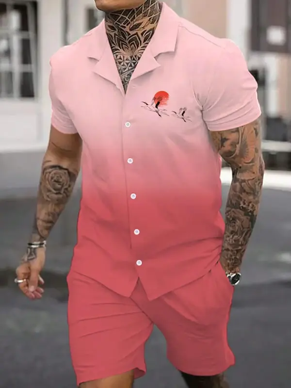 2 Pieces Men's Ombre Print Pocket Shorts Set, Streetwear Regular Fit Button Front Shirt & Drawstring Shorts, Men's 2 Piece ...