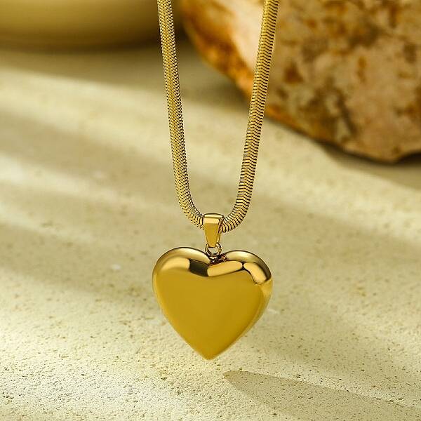 304 Stainless Steel Heart Pendant Flat Snake Chain Necklaces for Women