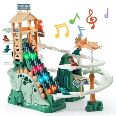 Dinosaur Climbing Slide Toy for Kids with Lights & Music 5 Mini Dinosaur Cars Double Loop Race Track Game Set Stair Climbing ...