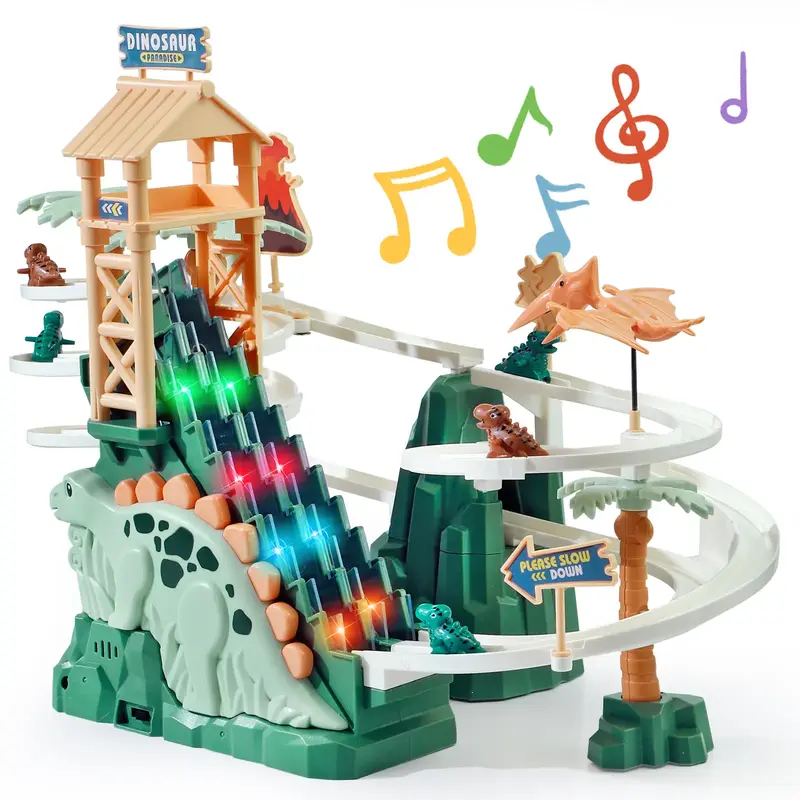 Dinosaur Climbing Slide Toy for Kids with Lights & Music 5 Mini Dinosaur Cars Double Loop Race Track Game Set Stair Climbing ...