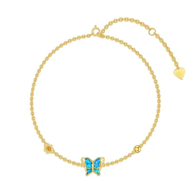 14K Gold Opal Butterfly Daisy Bead Charm Bracelet