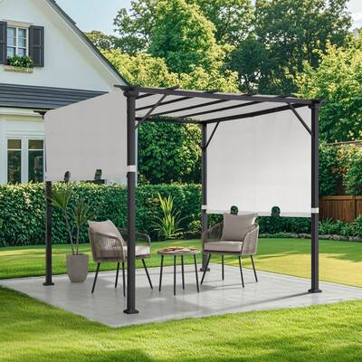 SUNJOY 9x9 Matte Black Steel Frame Pergola with Adjustable Canopy Roof - White