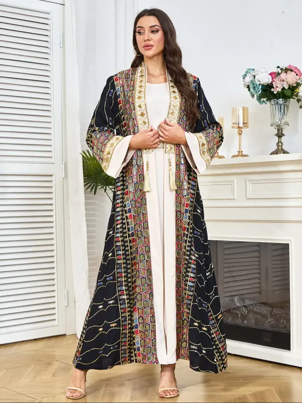 Women's Long Robe Two-Piece Set, Beaded Pendant Fashion Muslim Dress, Party Casual Evening Gown, National Clothing