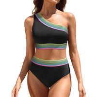 Tempt Me Women High Waisted Bikini Set - One Shoulder Two Piece Swimsuits Color Block Bathing Suits with Swimwear Bottom