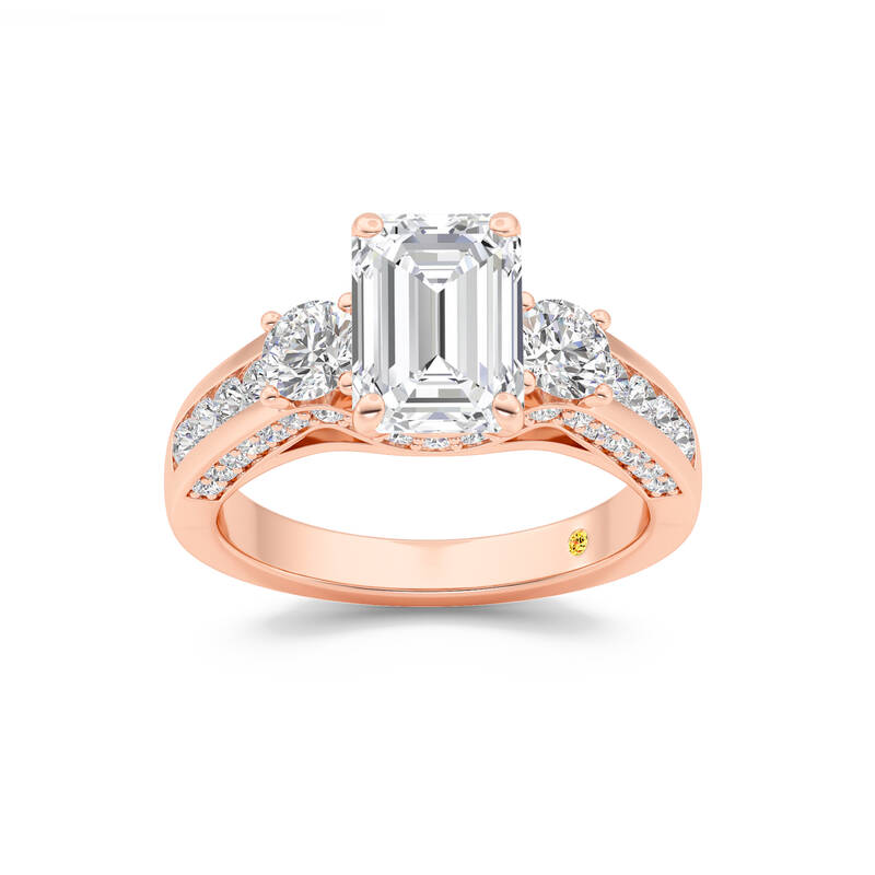 Aarhus Pavé Set Hidden Accent Three Stone Emerald Cut Lab Grown Cathedral Diamond Engagement Ring | 14K Rose Gold 2 1/5 CT. ...