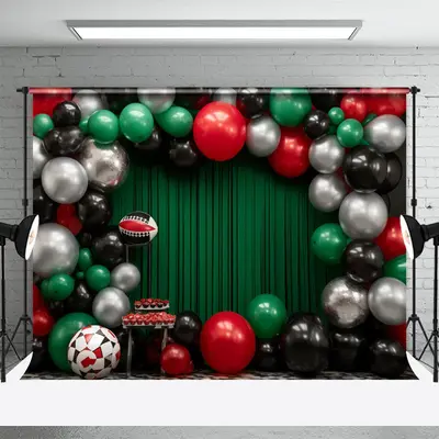 Balloons Green Curtain Birthday Cake Smash Backdrop - Aperturee