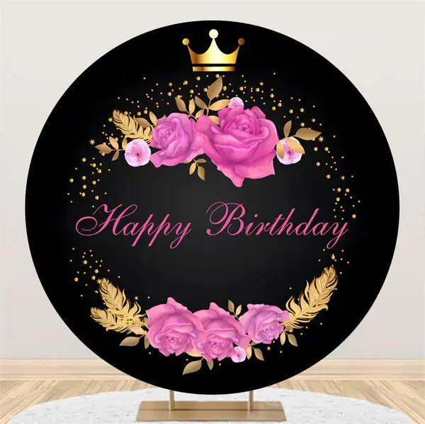 Pink Floral Black Gold Crown Round Birthday Backdrop - Aperturee