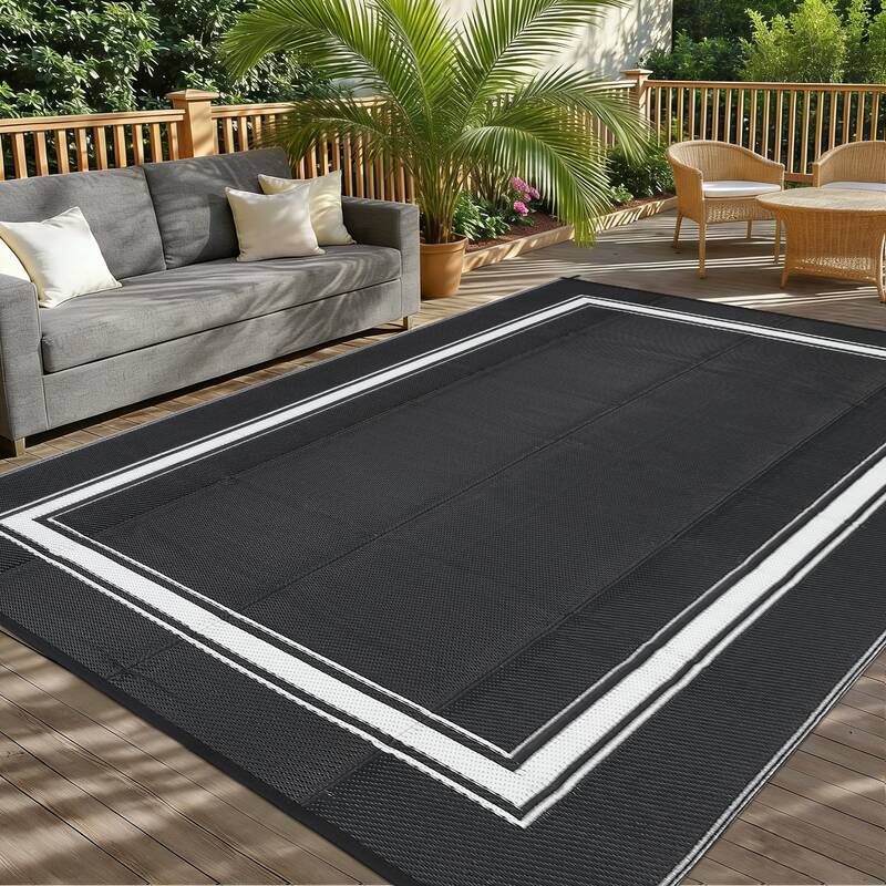 Garvee Reversible Outdoor Rug – UV & Weather Resistant, Easy Clean Modern Patio Carpet – Durable Black and White Woven Ar...
