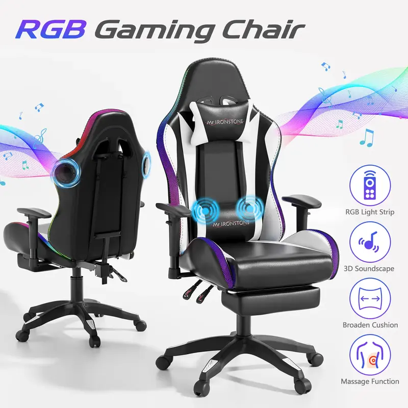 【Deals For You Days】Mr IRONSTONE Gaming Chair with Speakers and Led Lights Ergonomic Massage Computer Gaming Chair with B...