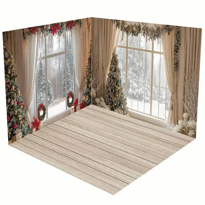 Aperturee Beige Floor Curtain Christmas Vibe Room Set Backdrop | Xmas Backdrop | Winter Wonderland Backdrop | Christmas Backg...