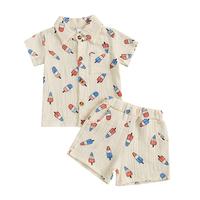 Toddler Boy 4th of July Outfits Ice Cream Print Lapel Button Down Short Sleeve Shirt with Shorts 2 Pcs Set