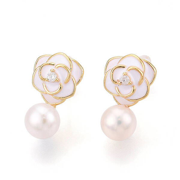 Flower Brass Natural Pearl Dangle Stud Earrings